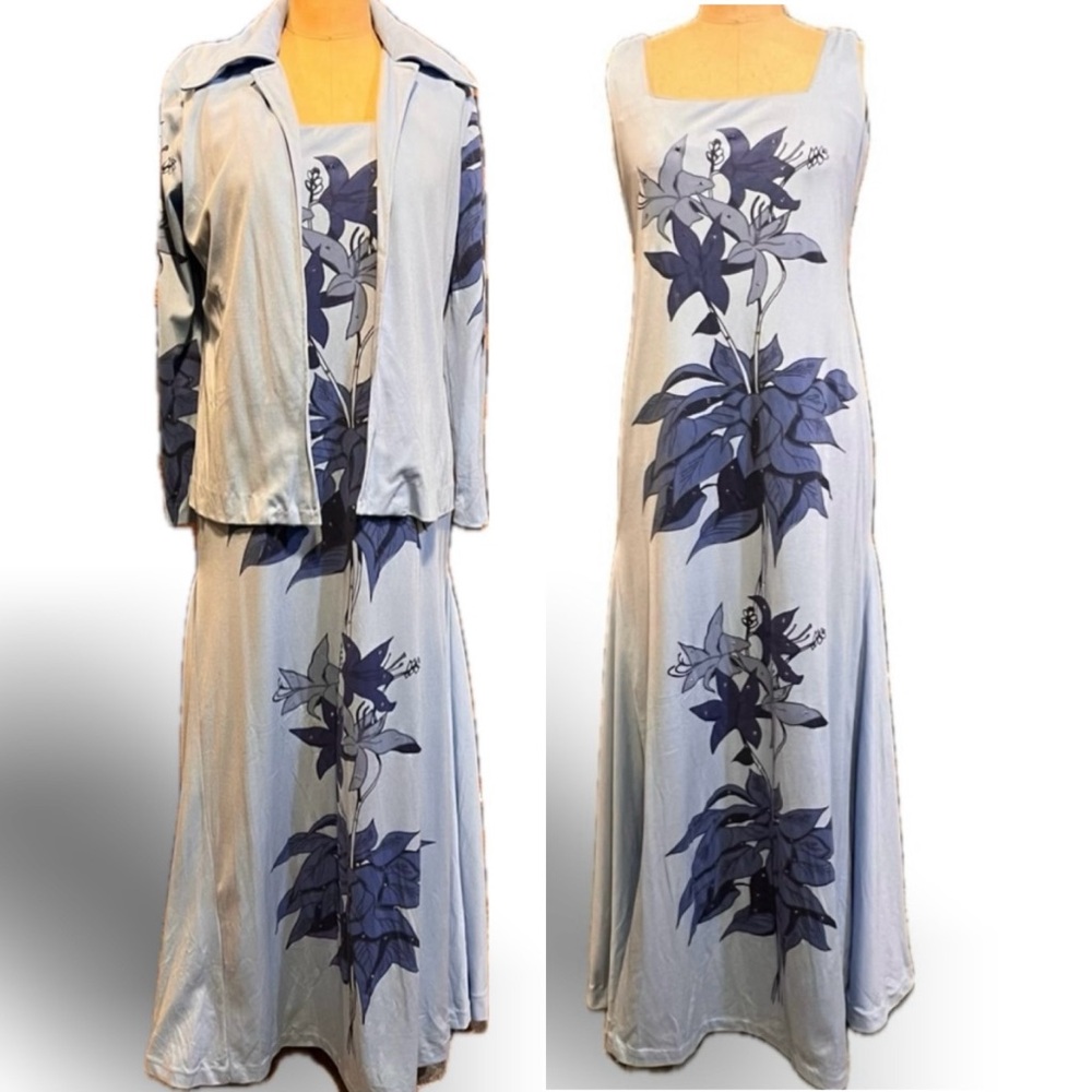 VINTAGE 70s 2 piece set dress‎ jacket full maxi tropical sequin disco collar 60s